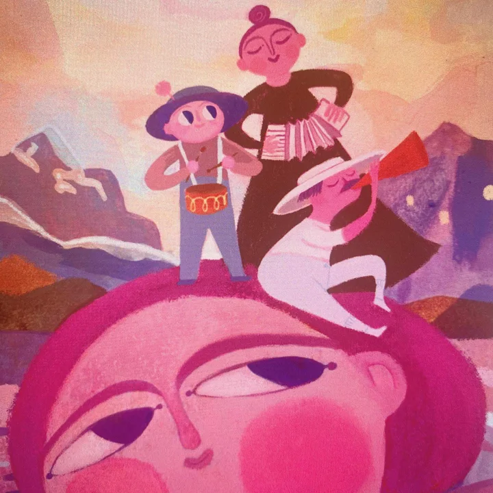 Painting of three small musicians with drum, accordion, and horn standing atop a giant pink face before mountains.