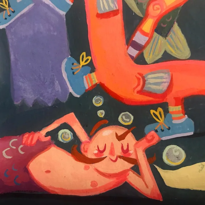 Painting of a mustached man lying back with closed eyes amid bubbles and fish, orange legs in blue sneakers above him.