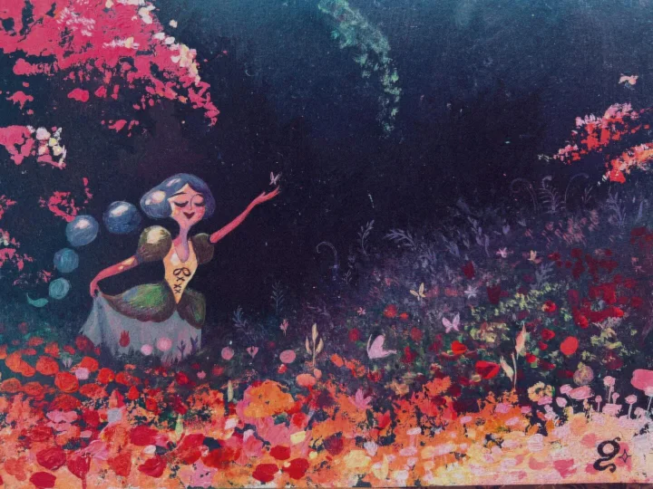 Painting of a girl with curly blue hair reaching toward a butterfly in a dark garden of red and pink flowers.