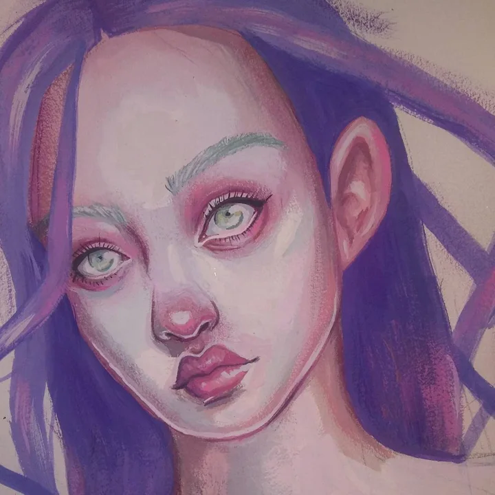 Painting of a pale young woman with long violet hair, light green eyes, and white brows in loose brushstrokes.