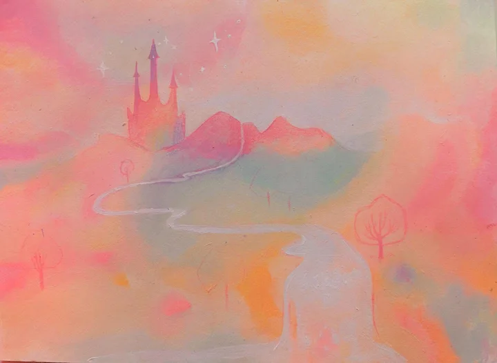 Painting in soft pink and peach of a distant castle on a hill, a winding path, and faintly outlined trees.
