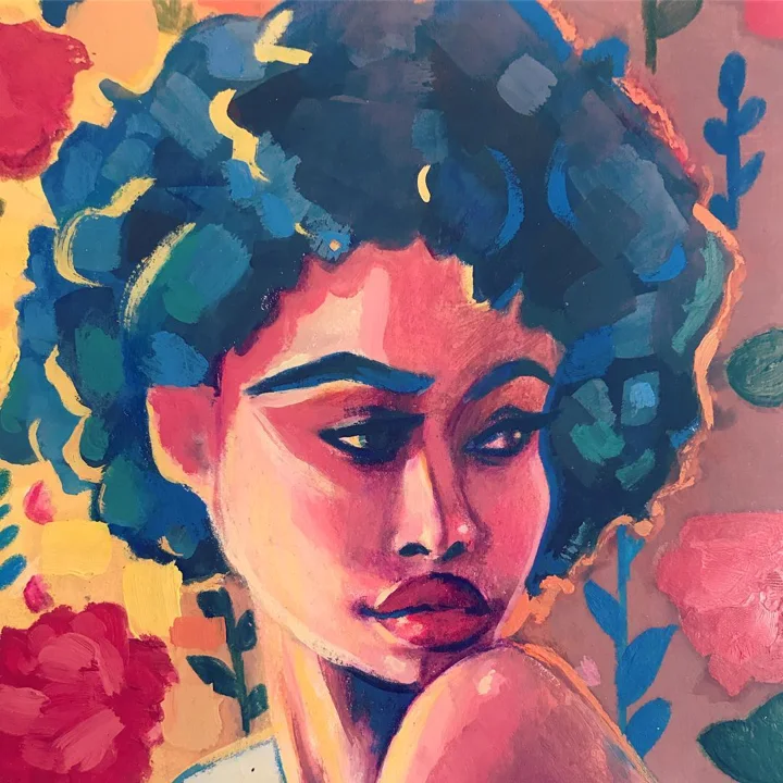 Acrylic painting of a pensive woman with voluminous blue curly hair, chin on her hand, among red and pink flowers.