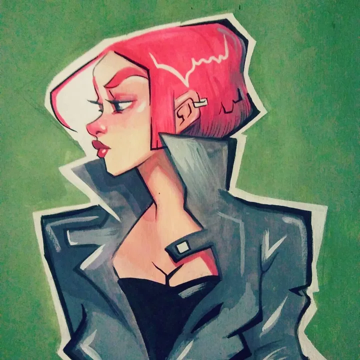 Painting of a woman with short pink hair and an ear cuff in a gray leather jacket with a raised collar, on green.