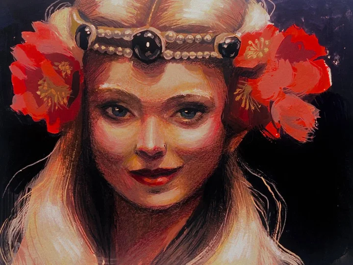 Painting of a blonde woman wearing a beaded headband with red poppies at her temples, on a dark background.