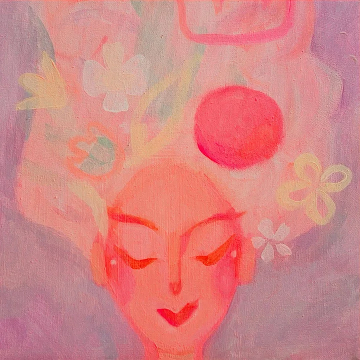 Painting in glowing pinks of a woman's face with closed eyes, a bright pink sun and pale flowers in her hair.