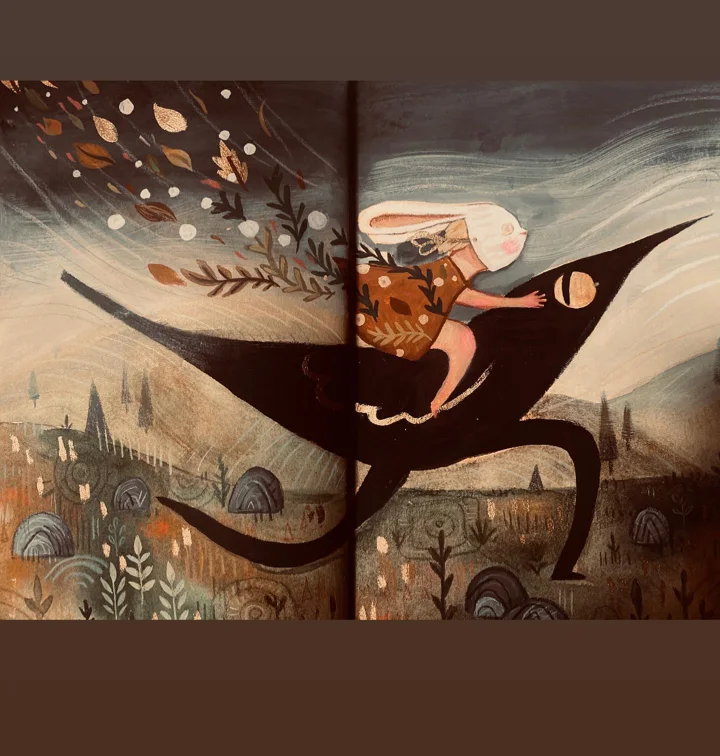 Painting of a small rabbit-eared rider on a long-beaked black bird flying over autumn hills as leaves swirl past.