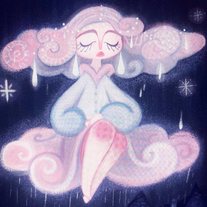 Painting of a pale cloud girl with closed eyes and falling raindrops, seated on pink clouds against a starry navy sky.