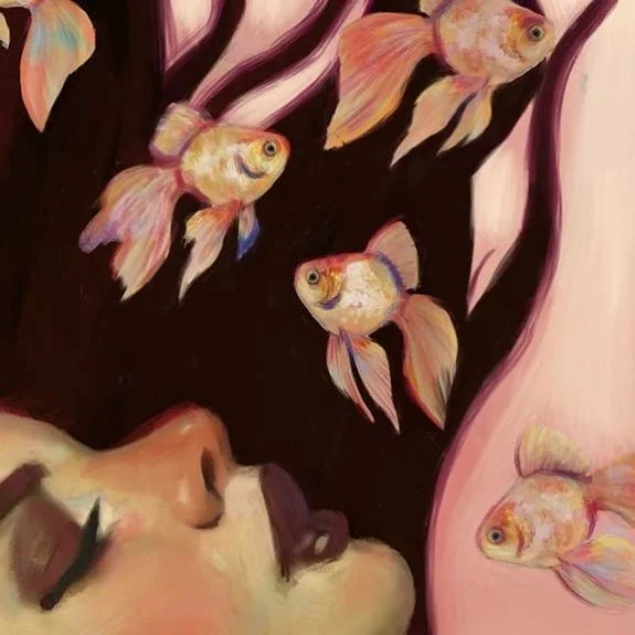 Painting of a reclining woman with closed eyes as goldfish swim through her long dark hair.