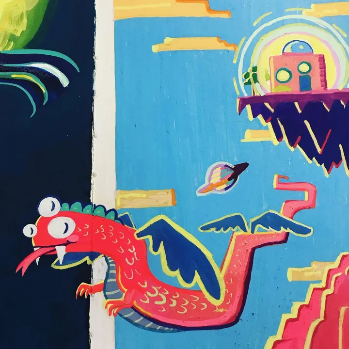 Mural of a googly-eyed red dragon with blue wings flying past a floating island with a robot under a bright blue sky.