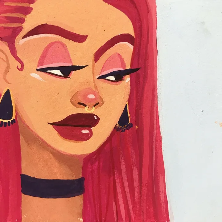 Painting of a woman with long red hair, a septum ring, bold winged eyeliner, and a black choker.