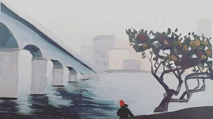 Painting of a long bridge and city fading into grey mist over water, with a twisted tree and a small red-hatted figure.