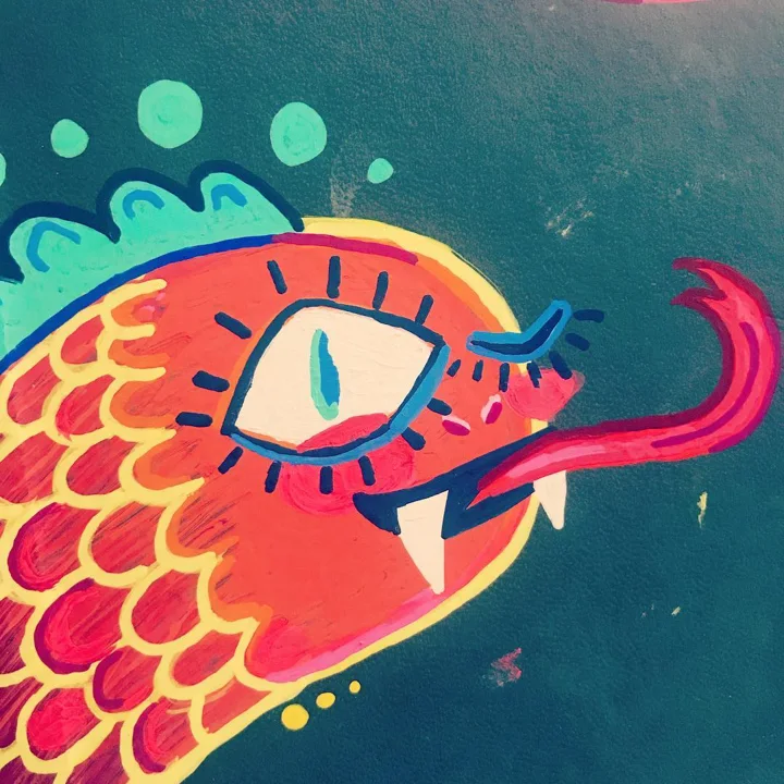 Acrylic painting of a red-orange serpent head with yellow-edged scales, a lashed eye, a fang, and a forked tongue, on teal.