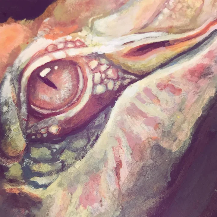Acrylic painting of a close-up reptile eye amid textured pink and violet scales.