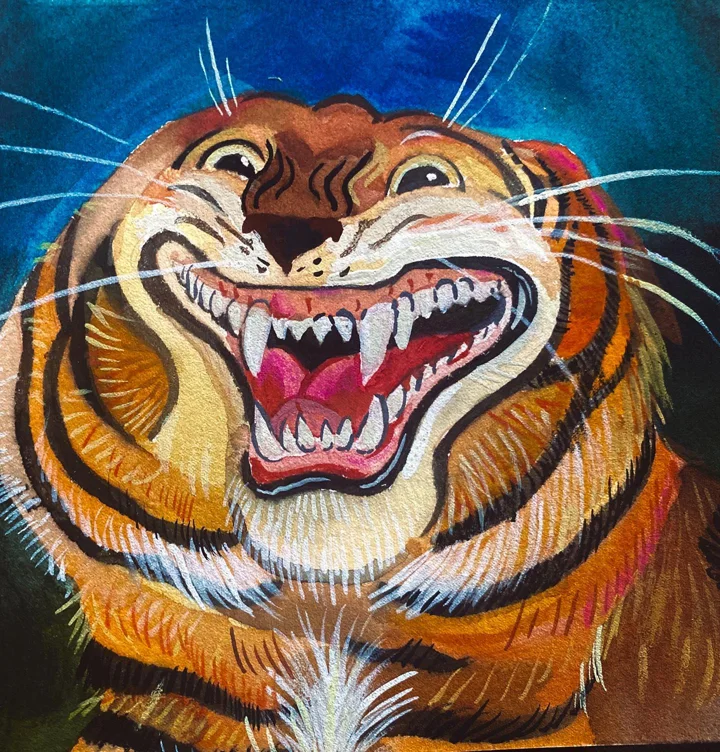 Painting of a snarling tiger's face with bared fangs and long white whiskers against a dark blue background.