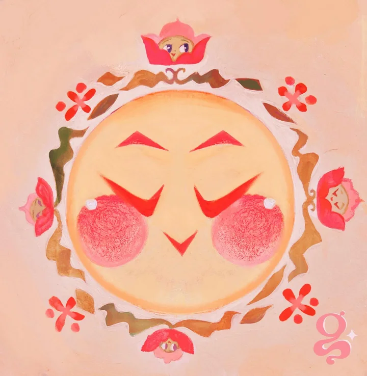 Painting of a round, rosy-cheeked sun face with closed eyes, ringed by red folk-art flowers and tiny flower faces.