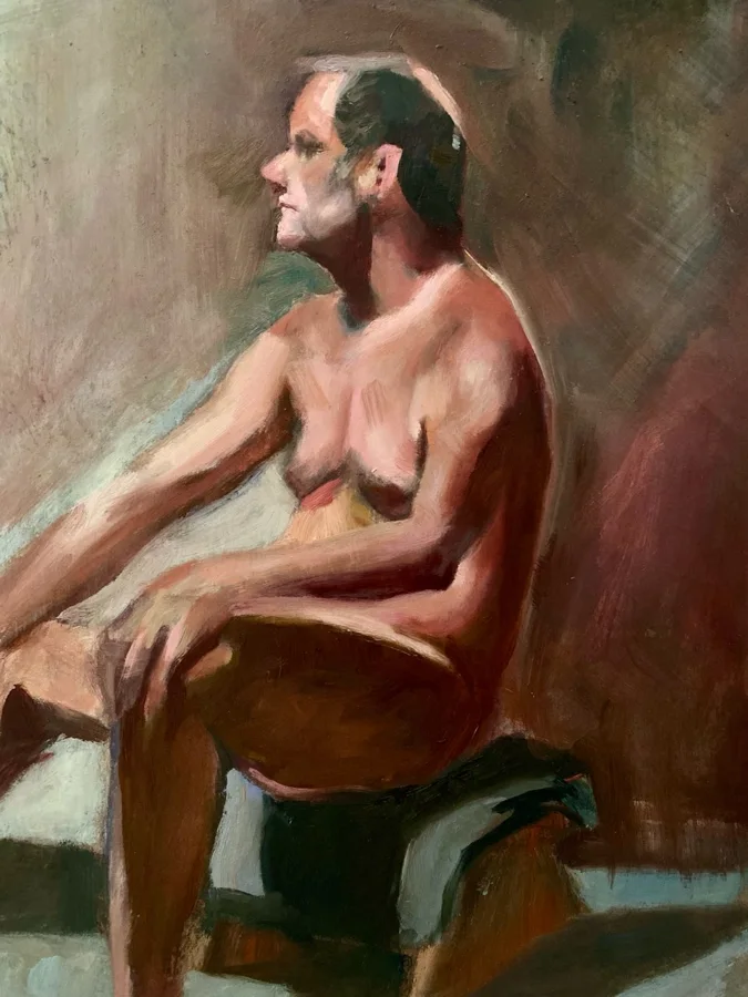 Oil painting of a nude older man seated in profile on a stool, gazing upward, in warm earth tones.