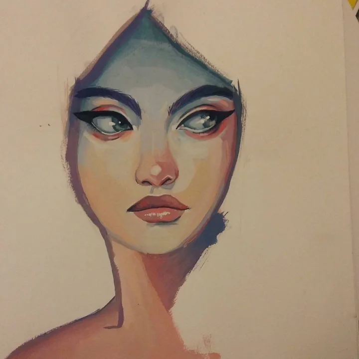 Acrylic painting of a woman's face in cool blue-green tones, framed by dark hair and glancing sideways, on a tan ground.
