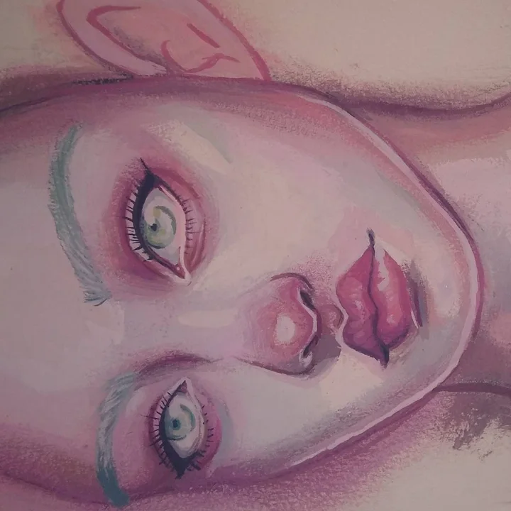 Painting of a woman's face turned sideways, with pale eyes and full lips, in soft pink tones.