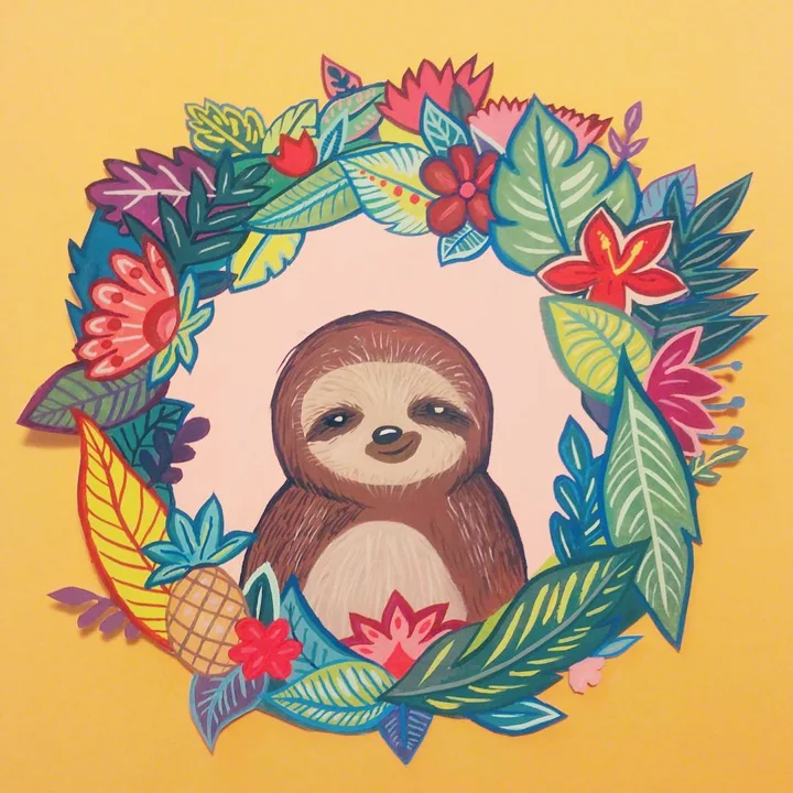 Painting of a smiling sloth framed by a wreath of tropical leaves, flowers, and a small pineapple on a yellow background.