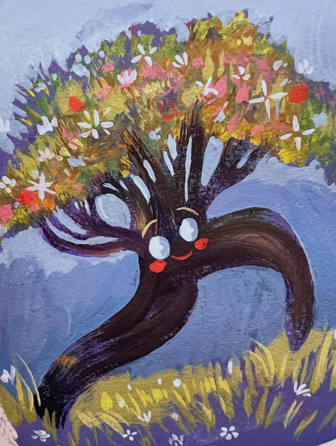 Painting of a curving dark tree trunk with a cheerful cartoon face beneath a canopy of colorful blossoms.