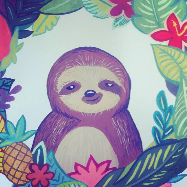 Painting of a smiling sloth framed by tropical leaves, pink hibiscus flowers, and a pineapple.