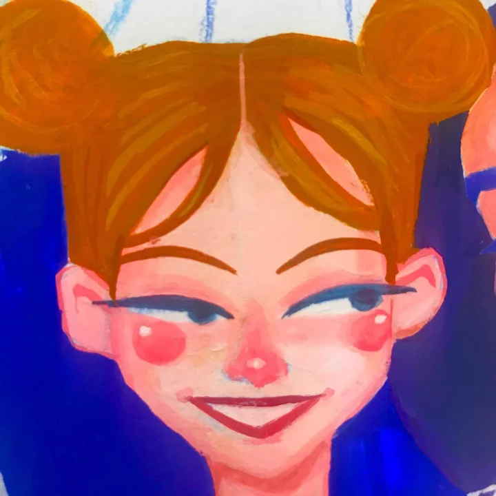 Painting of a smirking girl with orange hair in two buns, rosy cheeks, and a sideways glance, on bright blue.