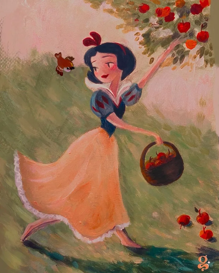 Painting of Snow White in a blue and yellow gown picking red apples from a tree, holding a basket, with a bird.