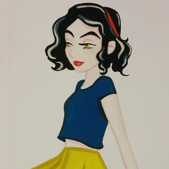 Painting of a girl with short black curls, a red headband, a navy crop top, and a yellow skirt in Snow White colors.