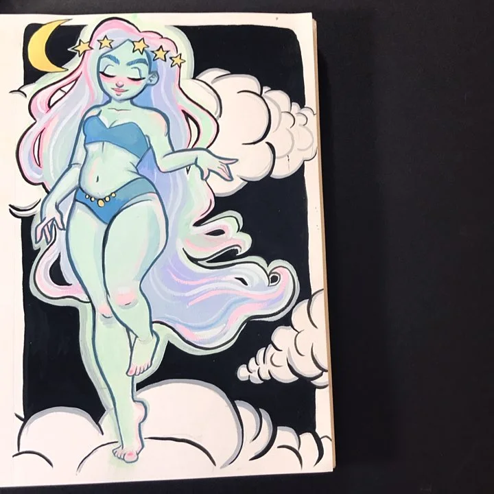 Sketchbook painting of a woman with pastel rainbow hair and a star crown stepping across clouds beside a crescent moon.
