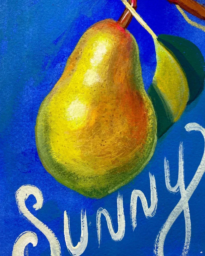 Painting of two yellow-green pears hanging from a branch against cobalt blue, with the word Sunny lettered in white.
