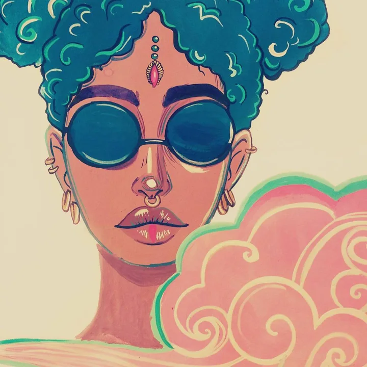 Painting of a woman with a teal afro, round dark sunglasses, a forehead jewel, and a septum ring beside a pink swirled cloud.