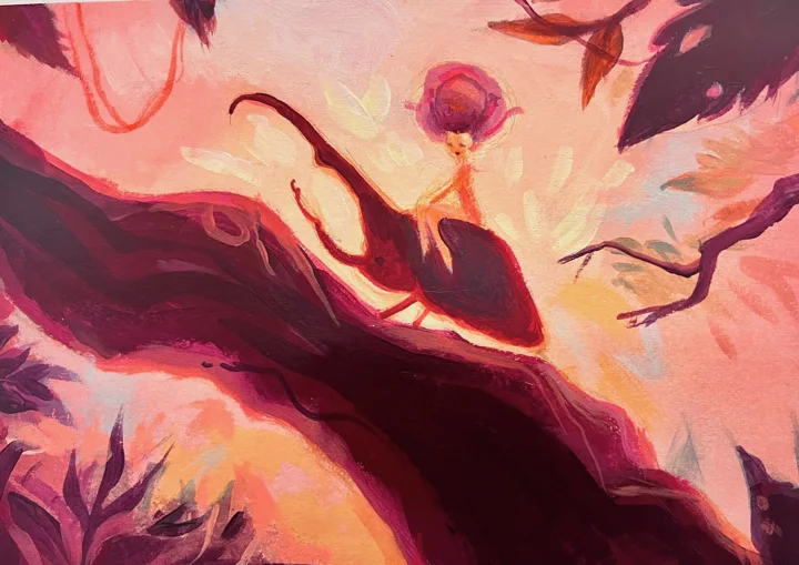 Painting of a tiny figure with a pink rose-like head riding a giant stag beetle along a branch in glowing pink light.