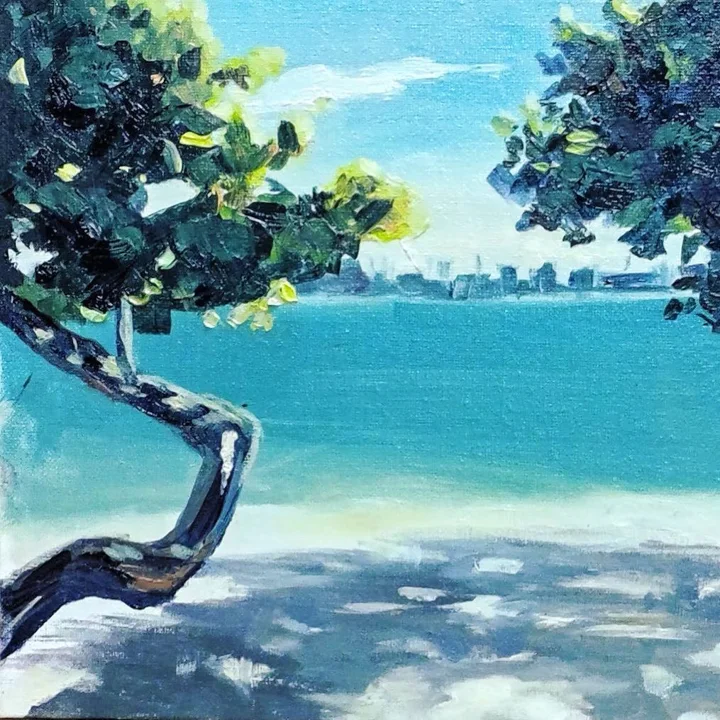Painting of a twisted tree shading a sandy beach beside turquoise water, with a city skyline on the horizon.