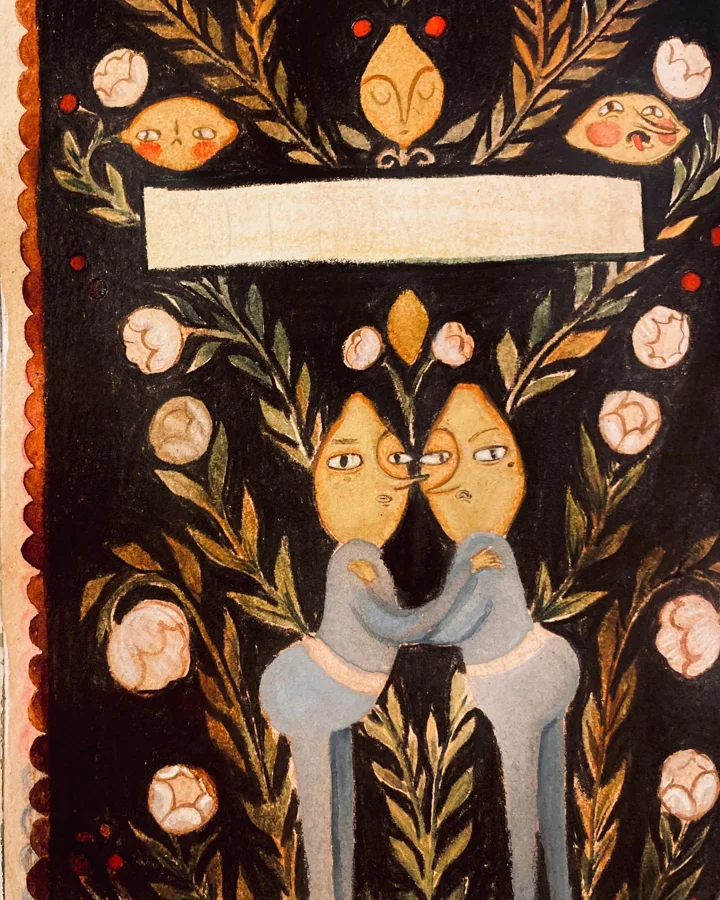 Painting of two yellow-faced folk figures embracing among white roses and olive branches on black, a blank banner above.