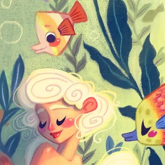 Painting of a smiling girl with curly platinum hair and closed eyes among tropical fish and seaweed.