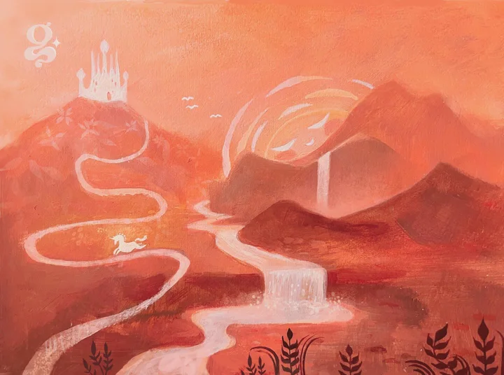 Painting in red tones of a hilltop castle above a winding river and waterfall, with a small white unicorn.
