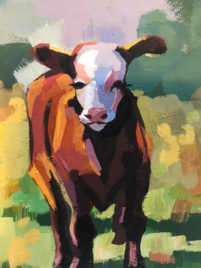 Acrylic painting of a brown cow with a white face standing head-on in a green and yellow field, in bold strokes.