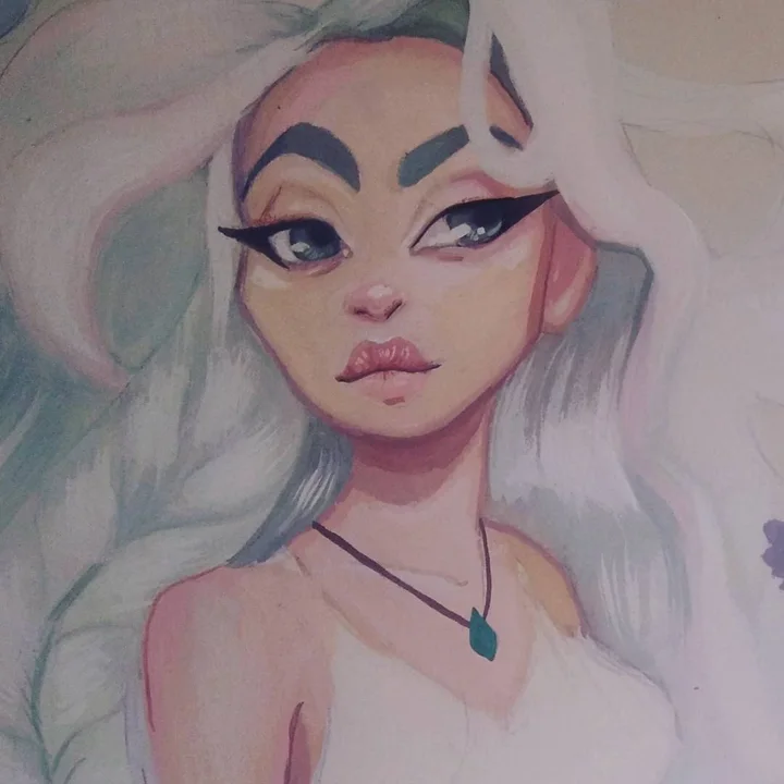 Painting of a woman with long white hair, winged eyeliner, and a teal gemstone pendant on a cord.
