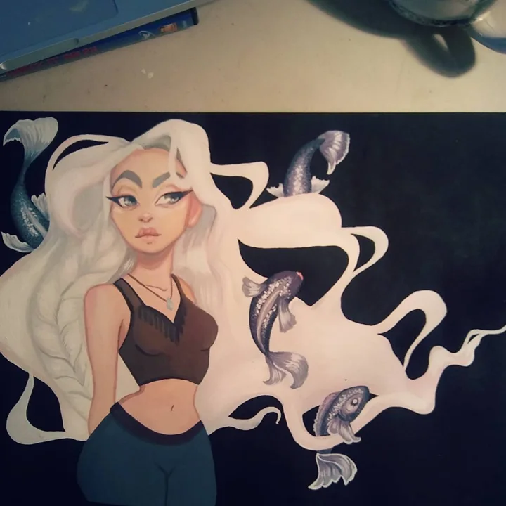 Acrylic painting of a girl with long flowing white hair in a brown crop top as silver koi swim around her, on black.