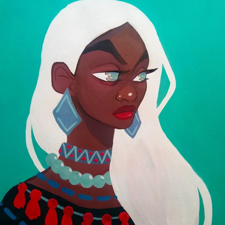 Painting of a woman with deep brown skin, long white hair, blue diamond earrings, and a beaded collar, on teal.