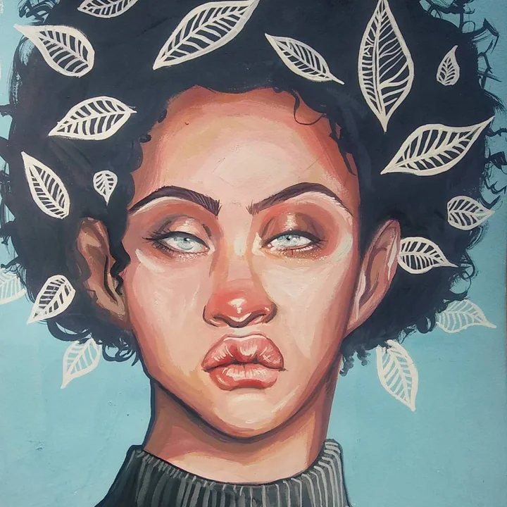 Painting of a woman with pale eyes and dark curly hair scattered with white leaf shapes, on a light blue background.