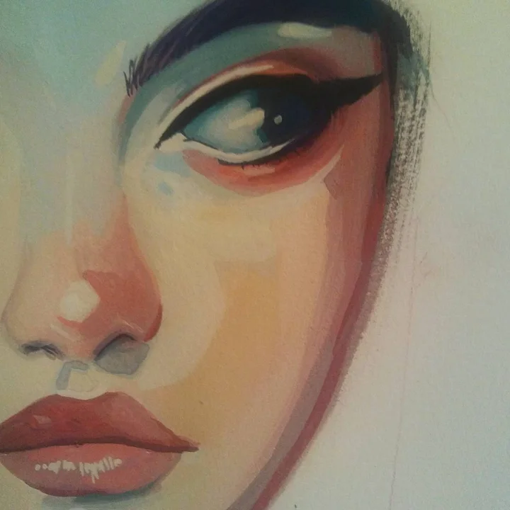 Acrylic painting of a cropped face in muted tones showing one winged eye, the nose, and full lips.