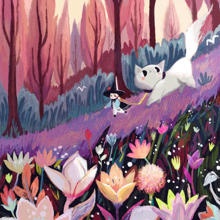 Painting of a tiny witch in a pointed hat running with a giant white cat down a purple hillside in a pink forest.