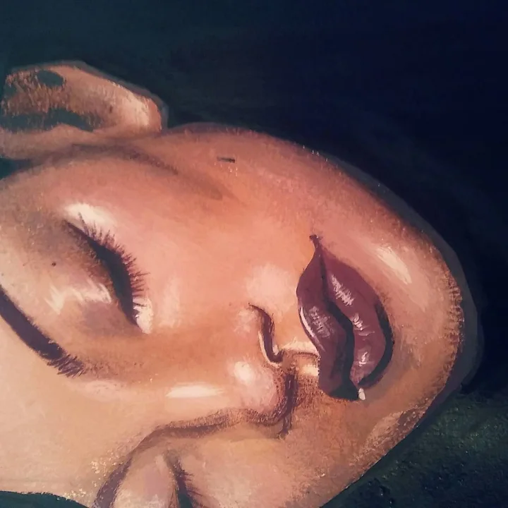 Acrylic painting of a woman's face turned sideways with eyes closed, warmly lit against a dark background.