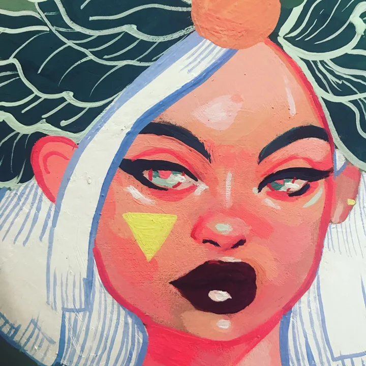 Acrylic painting of a woman with dark lips, a yellow triangle on her brow, and white-streaked hair, an orange atop her head.