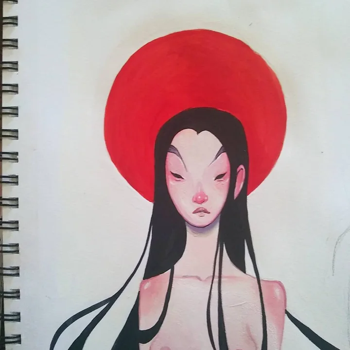 Painting in a spiral sketchbook of a pale woman with long straight black hair before a large red circle.