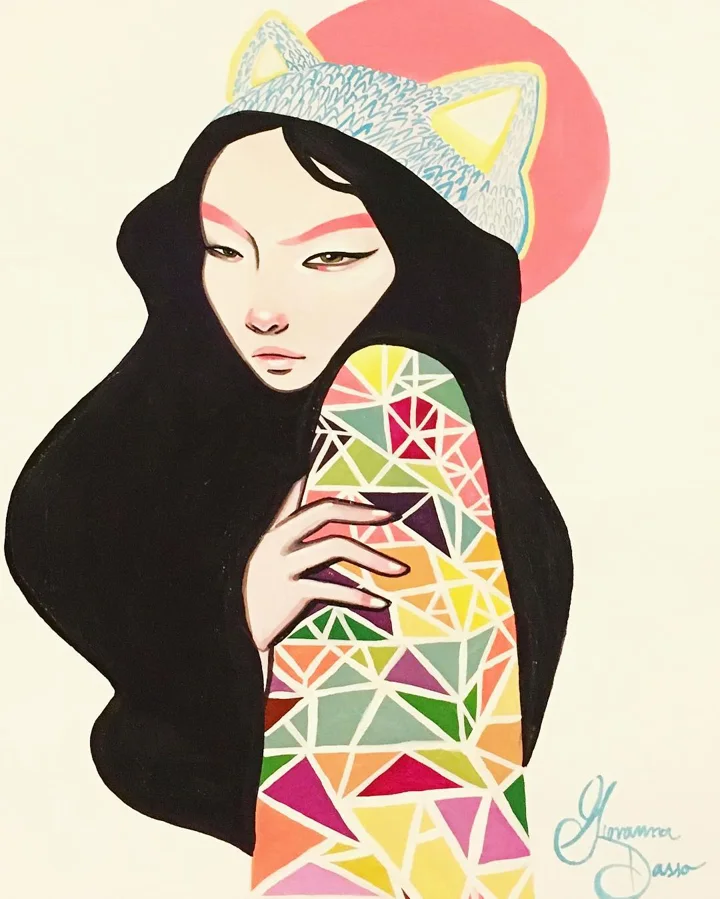 Painting of a woman with long black hair in a white cat-ear beanie before a pink sun, one arm in a colorful triangle pattern.