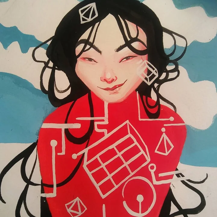 Painting of a smiling woman with long black hair in a red top patterned with white geometric line motifs, against a blue sky.