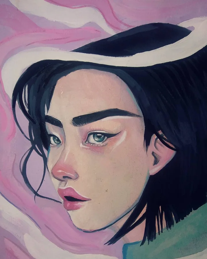 Painting of a woman with short black hair and gray eyes under a wide-brimmed hat, against pink and lavender swirls.