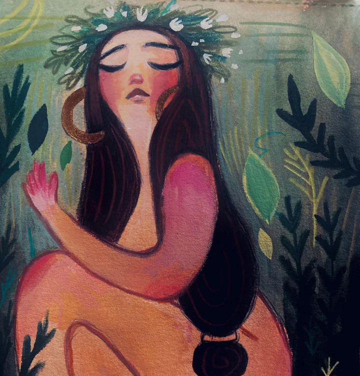 Painting of a woman with long dark hair and closed eyes, wearing a crown of white flowers, among green leaves.